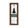 A vertical packaging design featuring a black Christmas tree illustration on a wooden background. A vertical packaging design featuring a black Christmas tree illustration on a wooden background.