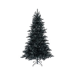 Een zwarte kunstkerstboom met een metalen standaard, in een slanke, opgaande vorm.