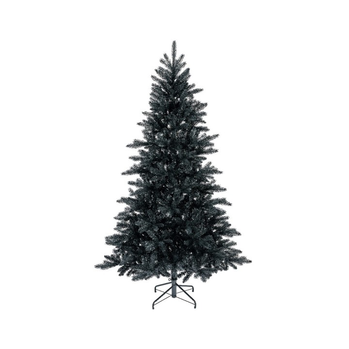 Een zwarte kunstkerstboom met een metalen standaard, in een slanke, opgaande vorm.