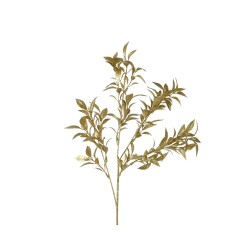 A slender, golden branch with delicate leaves, elegantly arranged against a white background.
