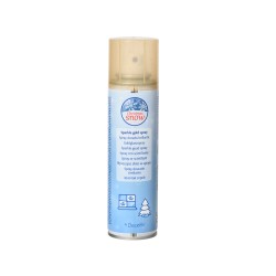A clear spray bottle with a light blue label and a beige cap, featuring winter-themed graphics.
