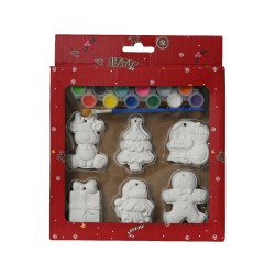 Set met zes witte figuren om te schilderen, inclusief kerstthema en een palet met kleuren.