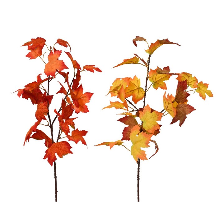 Twee takken met bladeren in warme herfstkleuren: rood, oranje en geel.
