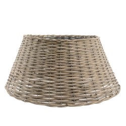 A wide, conical wicker basket in soft gray tones with a textured weave.