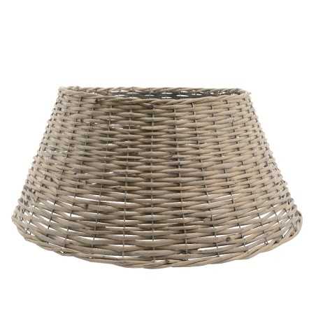 A wide, conical wicker basket in soft gray tones with a textured weave.