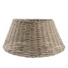 A wide, conical wicker basket in soft gray tones with a textured weave.