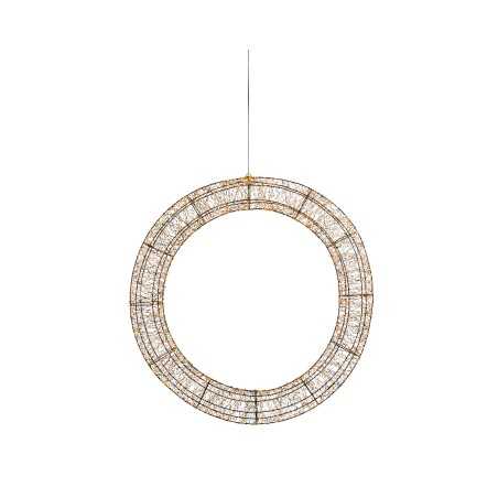 Een grote, ronde lamp van dunne metalen draden met een gouden afwerking, elegant en minimalistisch. Een grote, ronde lamp van dunne metalen draden met een gouden afwerking, elegant en minimalistisch.