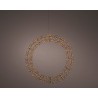 A circular chandelier made of delicate metal and crystal, radiating elegance against a dark backd...