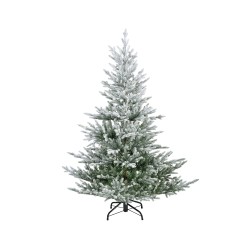 Een groene kerstboom met een sneeuwachtige uitstraling, op een metalen standaard.