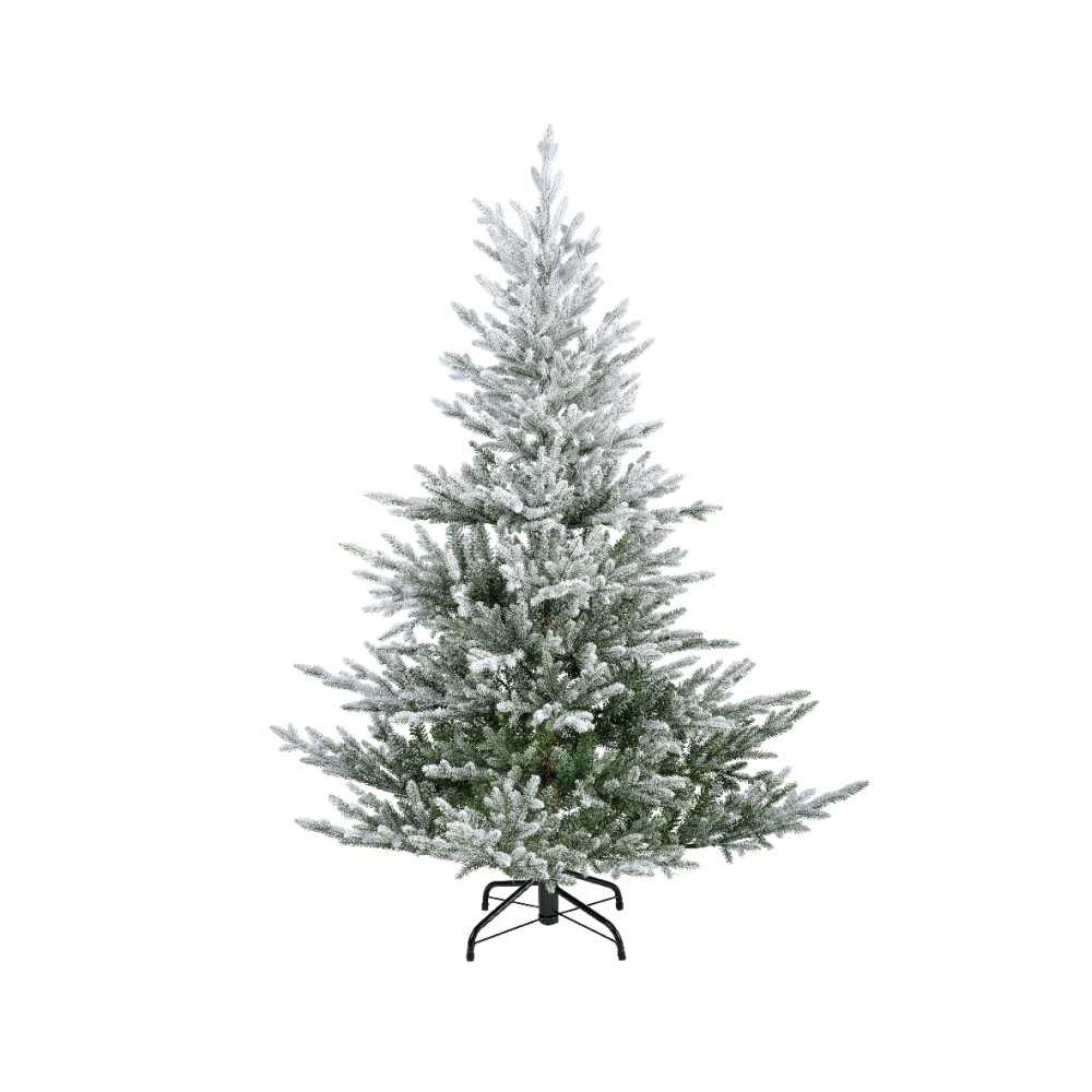 A frosted artificial Christmas tree with a sturdy black base, shaped like a tall triangle.