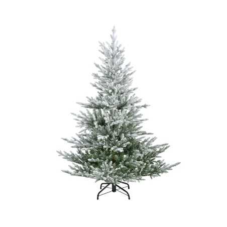 A frosted artificial Christmas tree with a sturdy black base, shaped like a tall triangle. A frosted artificial Christmas tree with a sturdy black base, shaped like a tall triangle.