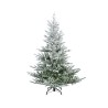 A frosted artificial Christmas tree with a sturdy black base, shaped like a tall triangle.