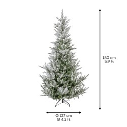 Sneeuwbedekte, groene kunstkerstboom van 180 cm met metalen standaard, slank en elegant.