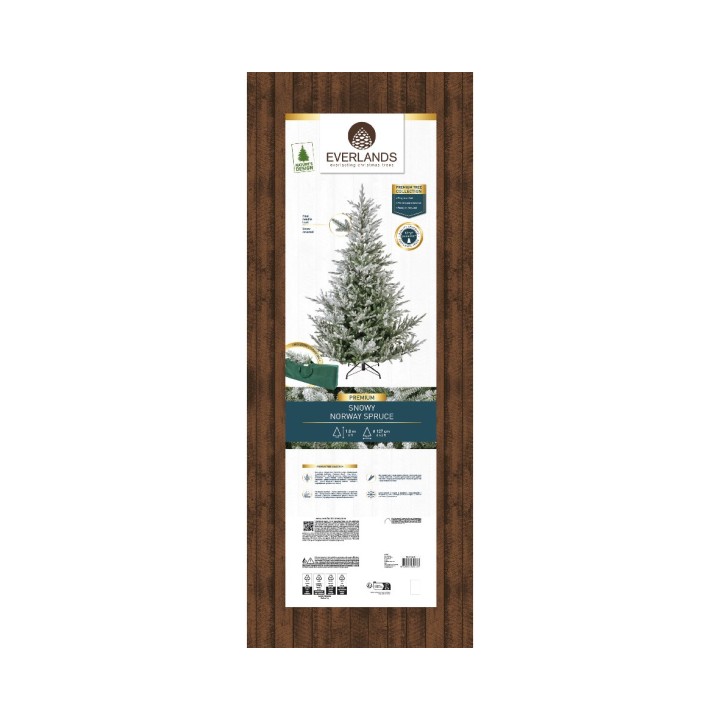 Een groene kunstkerstboom op een houten achtergrond met gedetailleerde productinformatie.