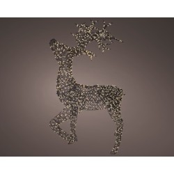 A shimmering, wireframe reindeer adorned with sparkling lights against a dark background.