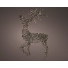 A shimmering, wireframe reindeer adorned with sparkling lights against a dark background. A shimmering, wireframe reindeer adorned with sparkling lights against a dark background.