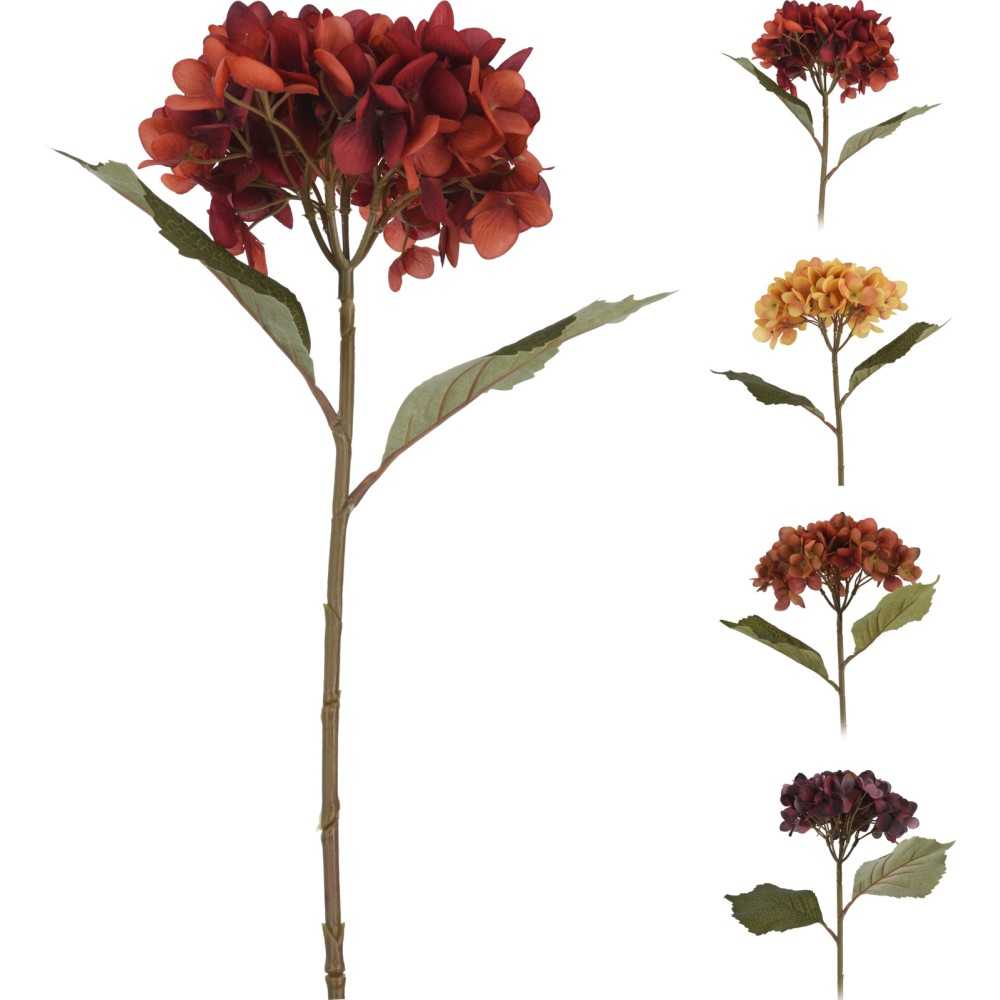 A single artificial hydrangea stem with rich red petals and green leaves.