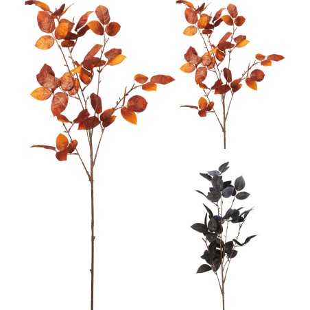 Drie takken met bladeren in warme herfstkleuren: oranje, bruin en diepzwart.