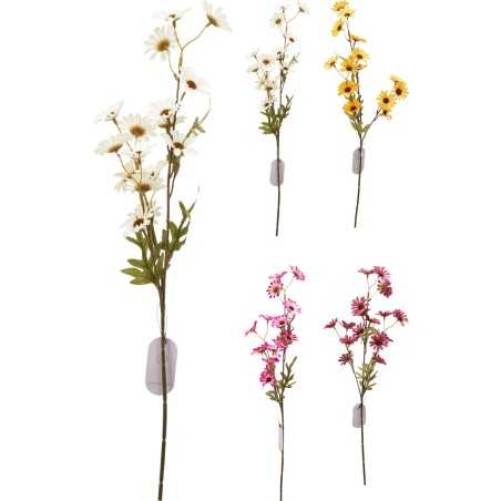 Five artificial flower stems in various colors, showcasing white, yellow, and pink blooms.
