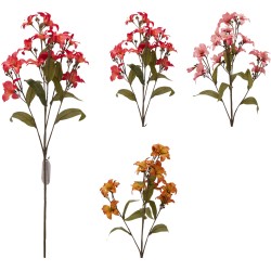 Four floral arrangements in varying shades of red, pink, and orange with green leaves.