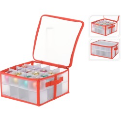 A clear storage box with a red trim, divided for organizing colorful ornaments.