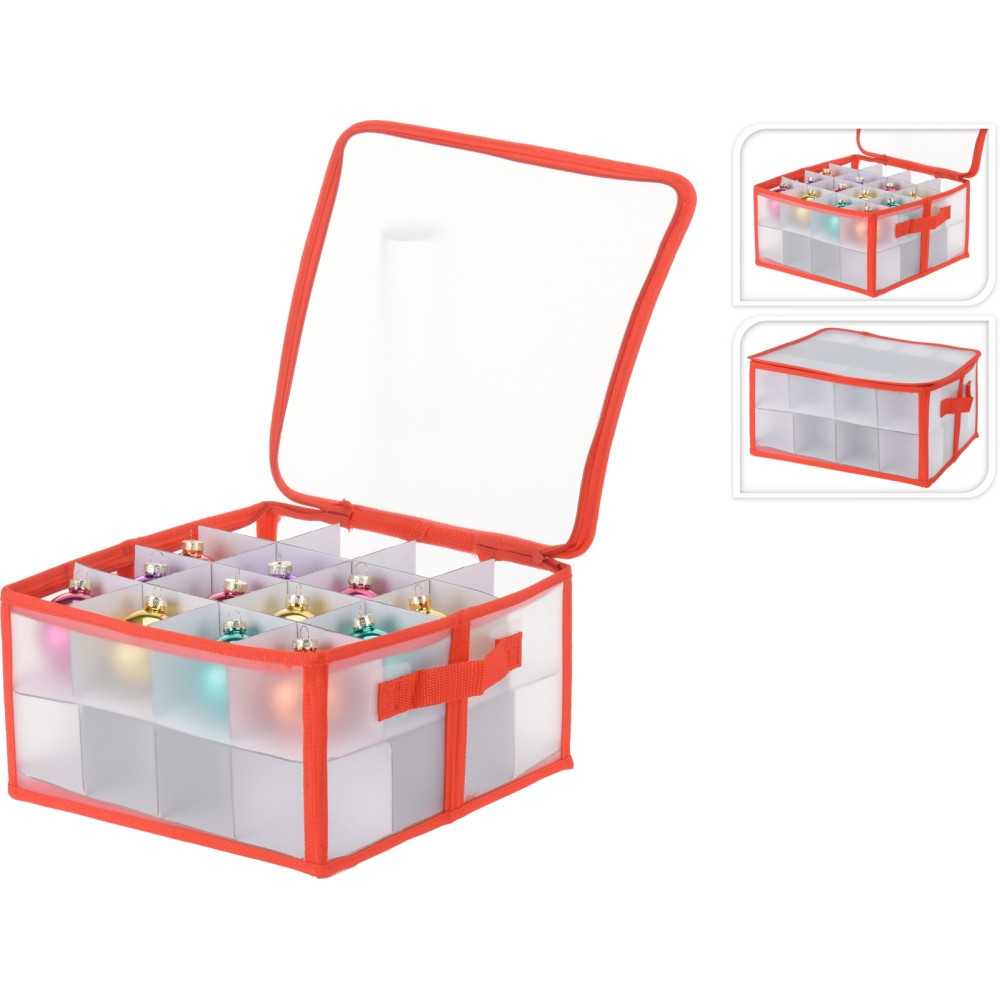 A clear storage box with a red trim, divided for organizing colorful ornaments.