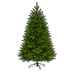 A lush green artificial Christmas tree with a sturdy black stand.