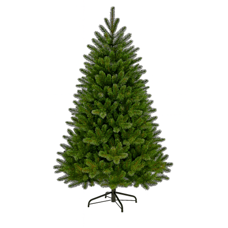 A lush green artificial Christmas tree with a sturdy black stand.