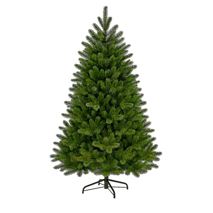 Groene kunstkerstboom met volle takken, rechtopstaand op een zwart metalen standaard.