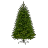 A lush green artificial Christmas tree with a sturdy black stand.