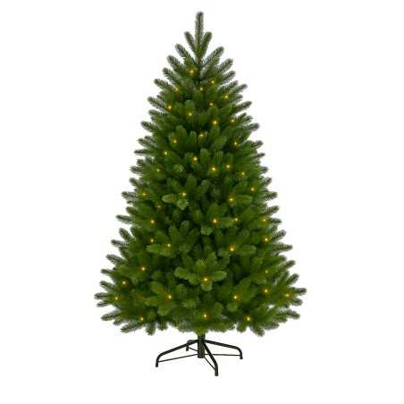 Groene kunstkerstboom met zachte takken en warmgele verlichting, op een zwart metalen standaard.