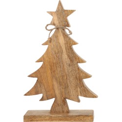 A rustic wooden Christmas tree with a star on top and a twine bow.