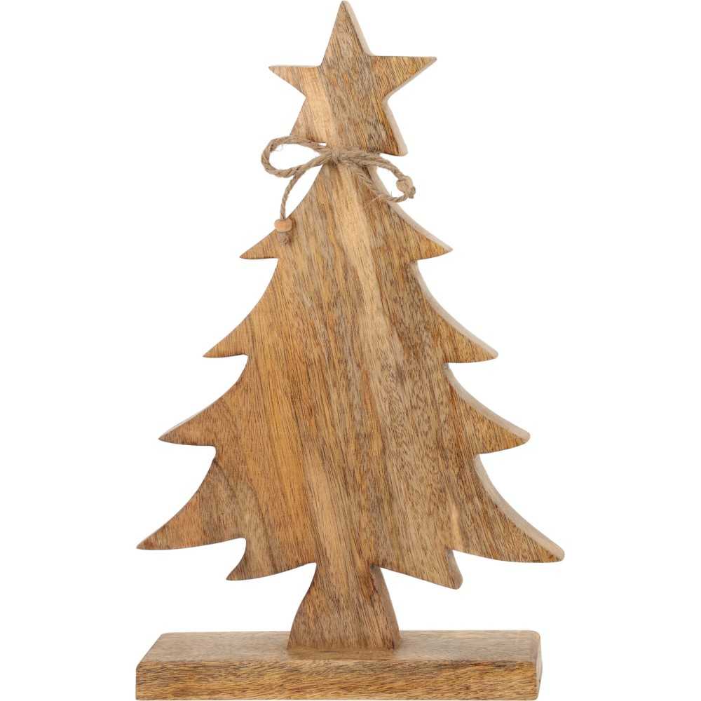 Houten kerstboom met ster, natuurlijke uitstraling en een touwtje als versiering.