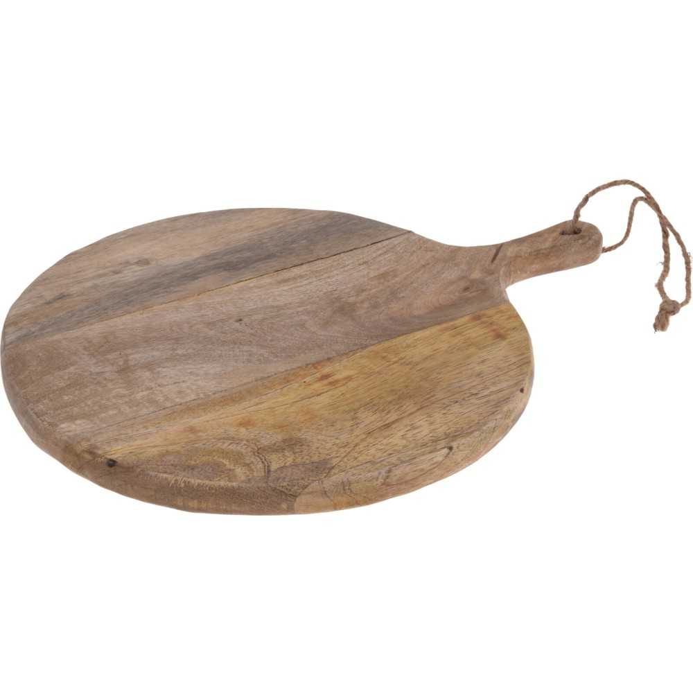 Round wooden board with a handle, featuring a rustic, weathered finish.