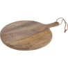 Round wooden board with a handle, featuring a rustic, weathered finish.