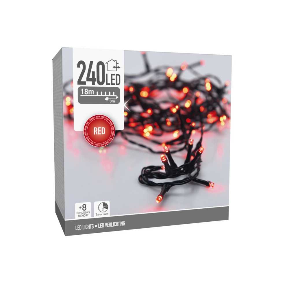 Een doos met een lange zwarte snoer vol met 240 rode LED-lampjes voor decoratieve verlichting.