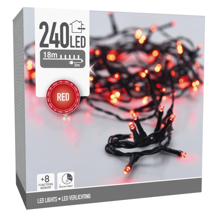 Een doos met een lange zwarte snoer vol met 240 rode LED-lampjes voor decoratieve verlichting.