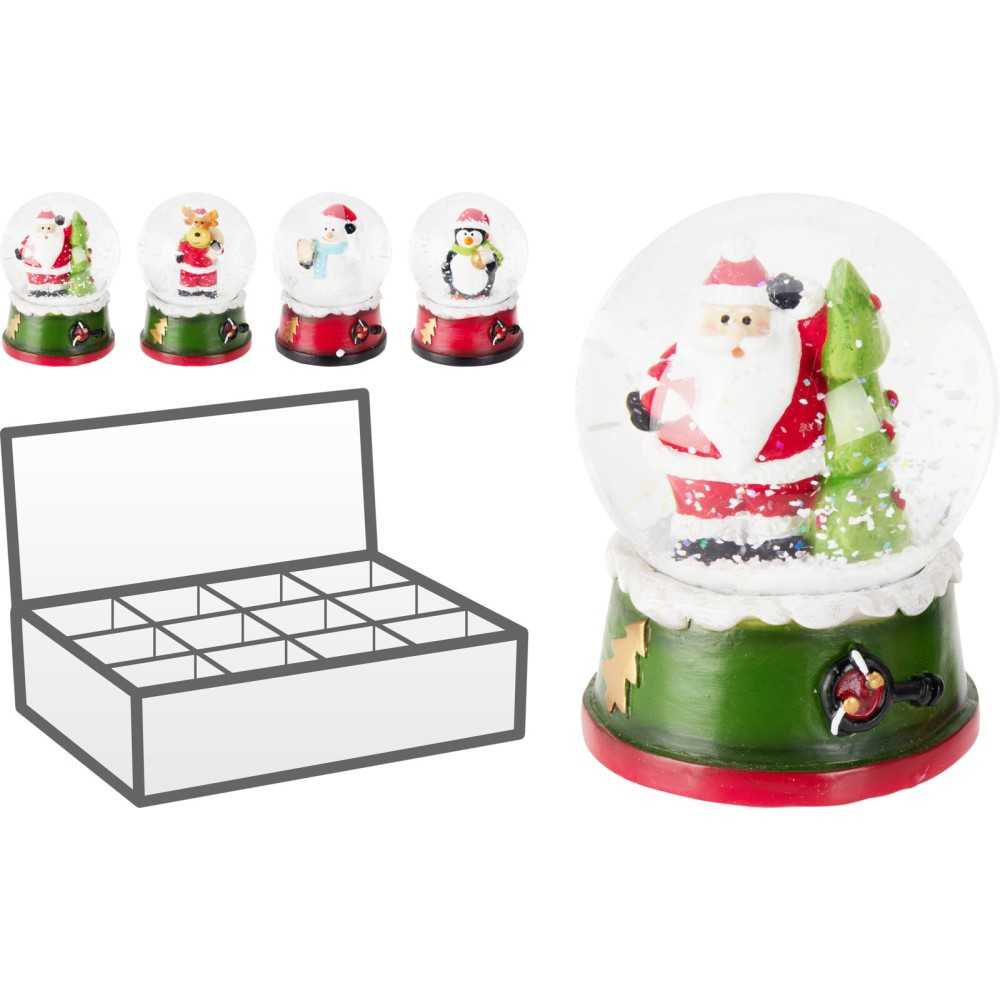 A festive snow globe featuring Santa, surrounded by snowflakes and colorful characters.