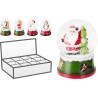 A festive snow globe featuring Santa, surrounded by snowflakes and colorful characters.