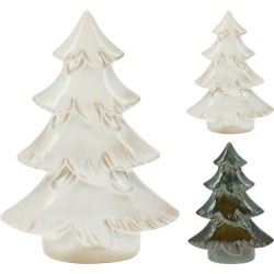 Drie glazen kerstbomen in verschillende groottes, met een glanzende, witte en groene afwerking.