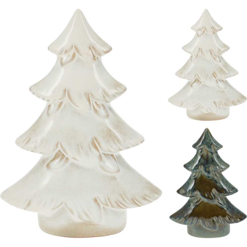 Three decorative ceramic Christmas trees in varying sizes; two are glossy white and one is dark g...