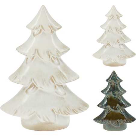 Three decorative ceramic Christmas trees in varying sizes; two are glossy white and one is dark g...