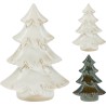 Three decorative ceramic Christmas trees in varying sizes; two are glossy white and one is dark g...
