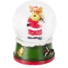 A festive snow globe with a reindeer in a Santa suit, surrounded by sparkling snow.