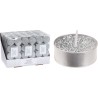 A silver candle with sparkles next to a box of matching tealights.