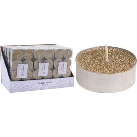 A shimmering gold candle with a sparkly top, accompanied by a box of matching tealights.