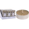 A shimmering gold candle with a sparkly top, accompanied by a box of matching tealights.