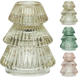 A tiered glass vase with ribbed texture, available in clear, green, and pink hues.