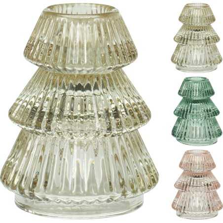 A tiered glass vase with ribbed texture, available in clear, green, and pink hues.