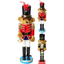 A whimsical teddy bear soldier in vibrant red, white, and black, holding a trumpet.